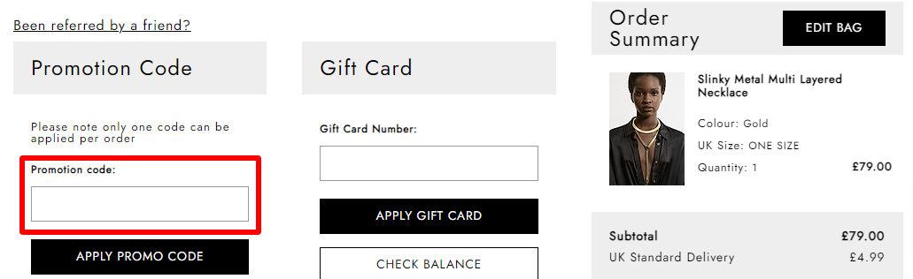 highlighted red box where customers can enter their Karen Millen discount code