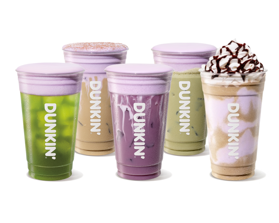 The Dunkin' Purple Marshmallow Cold Foam lineup resting on a white background