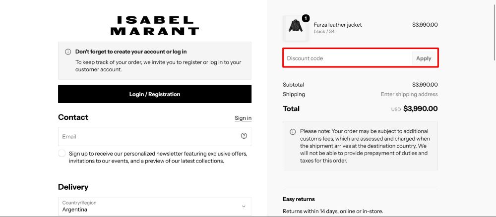 The checkout page for Isabel Marant, where you paste the code