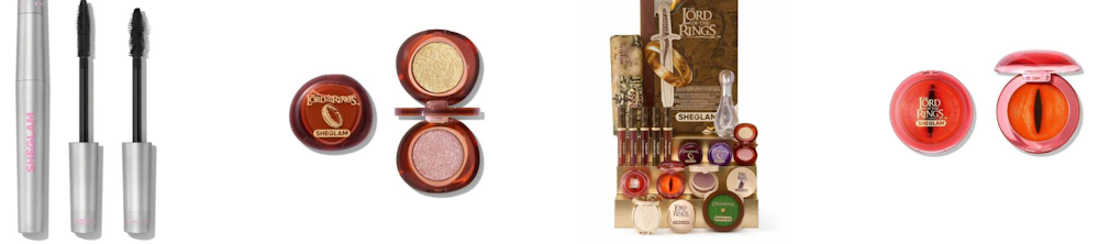 Mehrere kreative Make-up-Artikel von SHEGLAM auf leerem Hintergrund