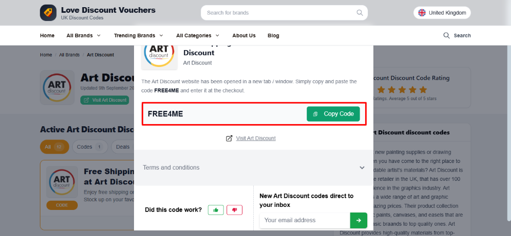 The highlighted red box shows the link that takes you to the Art Discount website