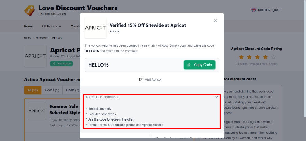 Apricot coupon code's T's and C's that are seen below the code you need to use