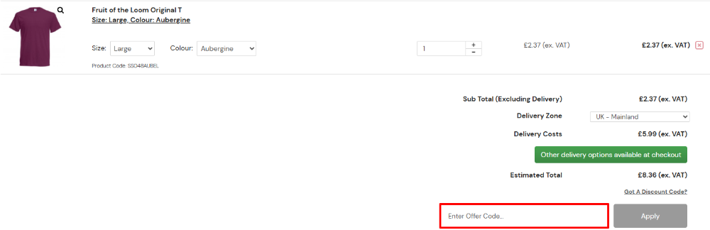 The Buytshirtsonline shopping basket page with where to paste the Buytshirtsonline discount code in a red box.