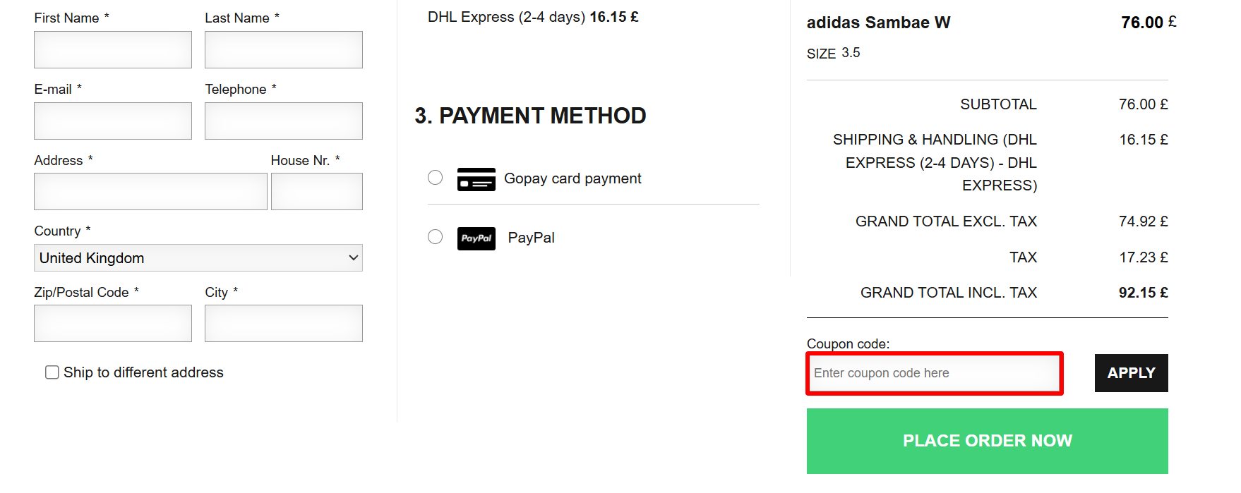 The checkout page showing where to apply your discount code