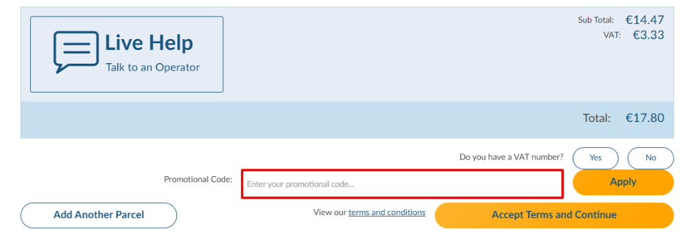 Parcel2Go promo code box found on the order summary page