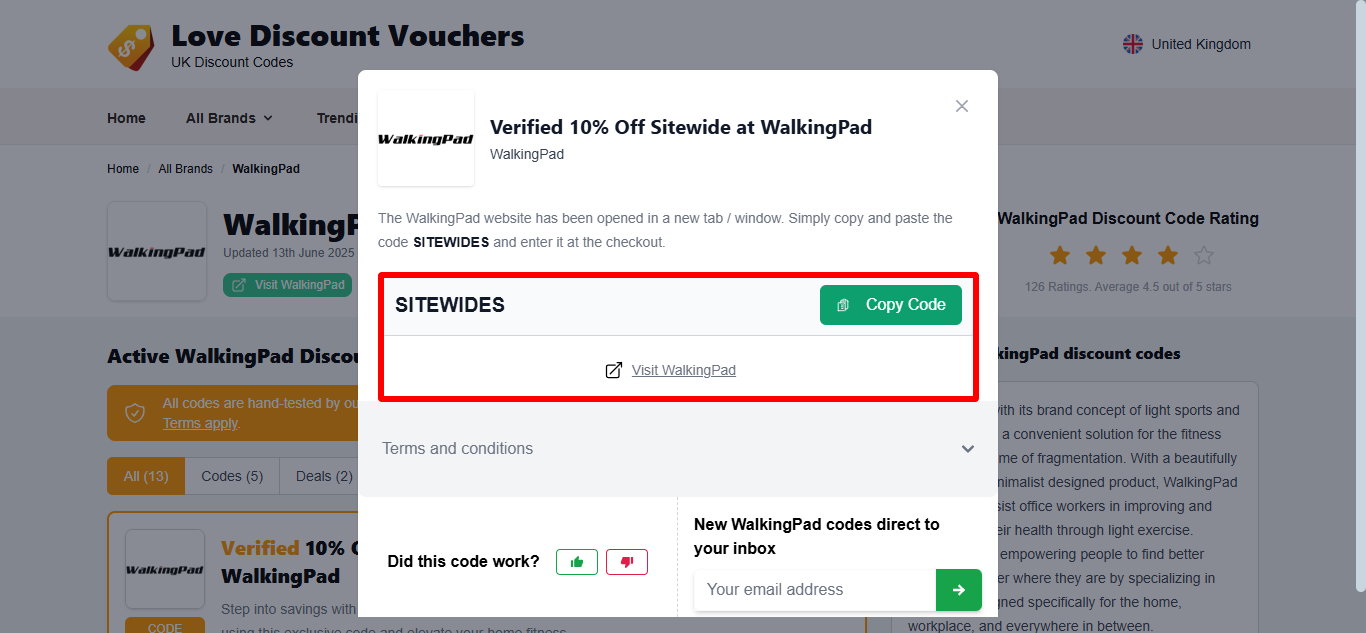 Love Discount Vouchers WalkingPad voucher code that is highlighted by a red box