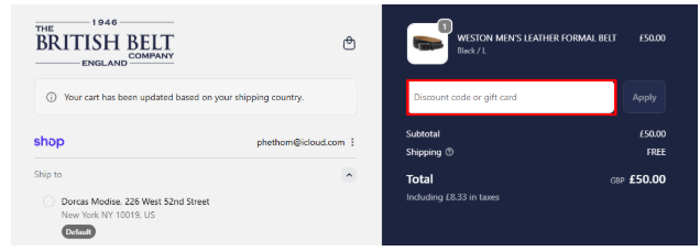 A red box is where you enter The British Belt Company code