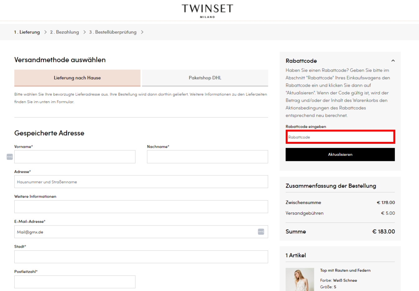 Der Checkout von TWINSET mit rotmarkierter Stelle für den TWINSET Gutscheincode