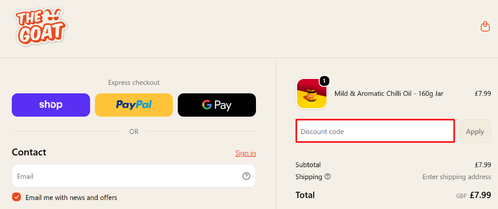 The GOAT Blends checkout page with where to paste the GOAT Blends voucher code in a red box