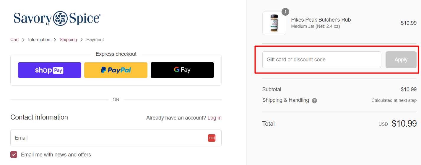 How do I use my Savory Spice Shop discount code?