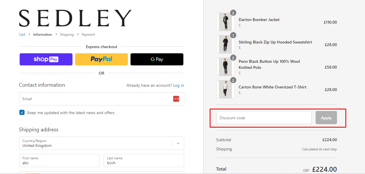 How do I use my SEDLEY discount code?