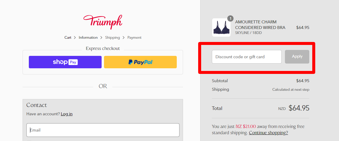 The brand checkout page with where to add the Triumph discount code is highlighted with a red box