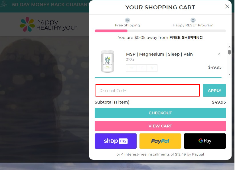 The highlighted red box at the brand checkout page is showing where to add the Happy Healthy You discount code.