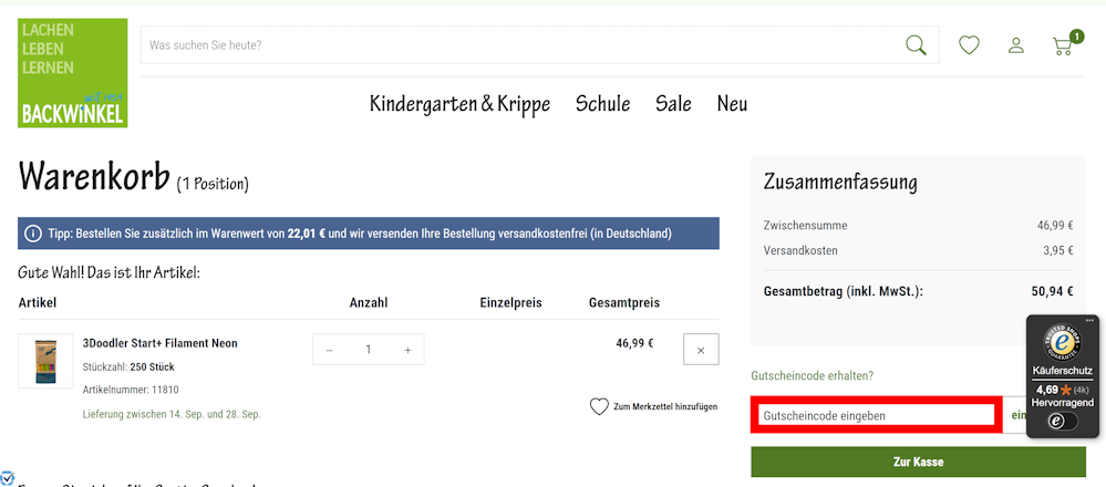 Warenkorb von Backwinkel mit rotmarkiertem Eingabefeld für Gutscheine