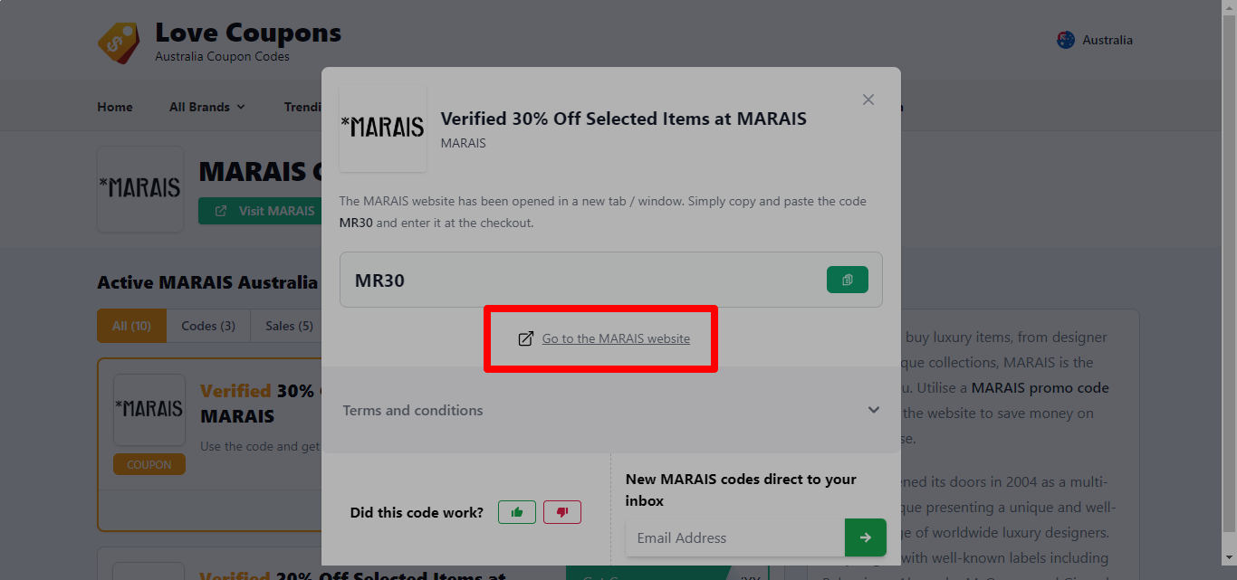 box hovering over a darkened background with a MARAIS promo code and the “terms and conditions”