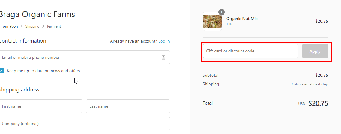How do I use my Braga Organic Farms discount code?