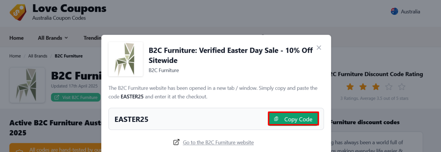 B2C Furniture page on Love Coupons where to copy your code