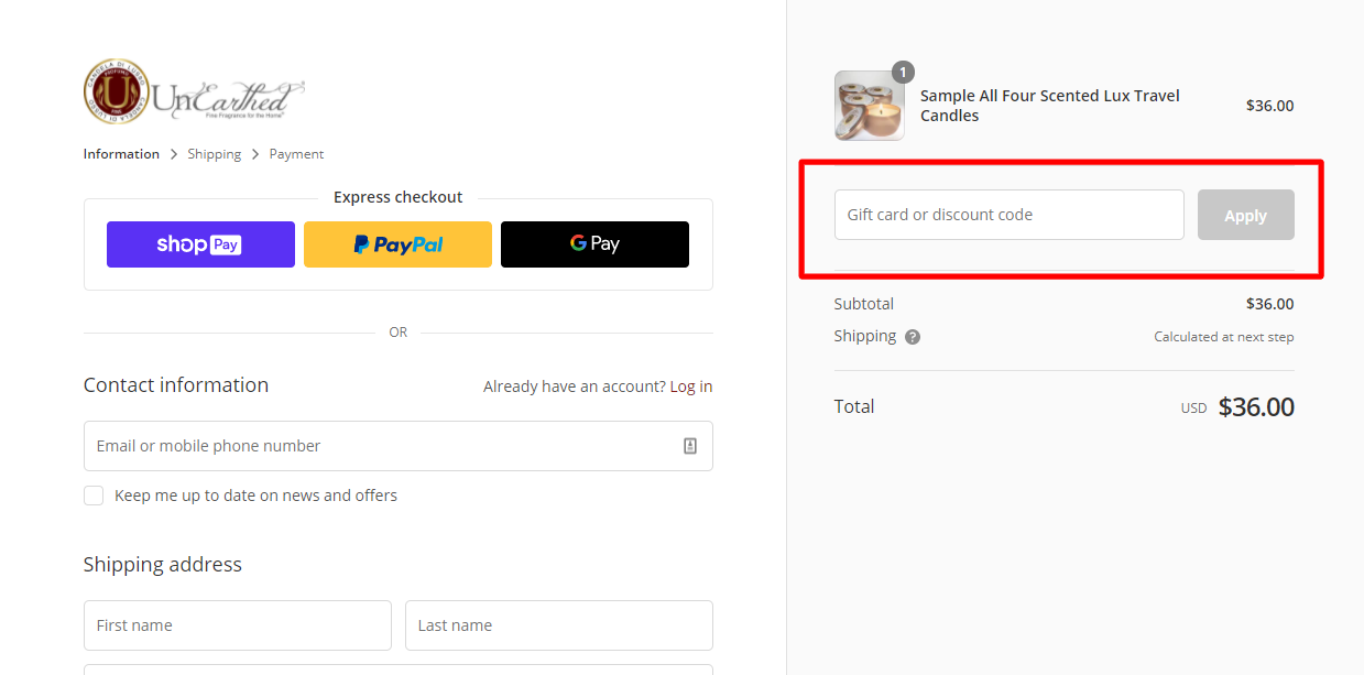 How do I use my UnEarthed Candles discount code?