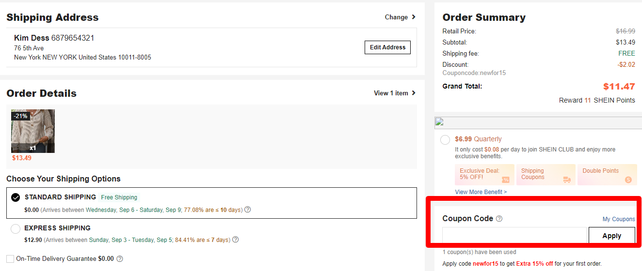 The brand checkout page with where to add the SHEIN coupon code highlighted with a red box
