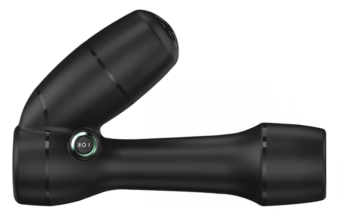 A black RevAir reverse hair dryer that is L-shaped with a visible power button marked by a silver circle
