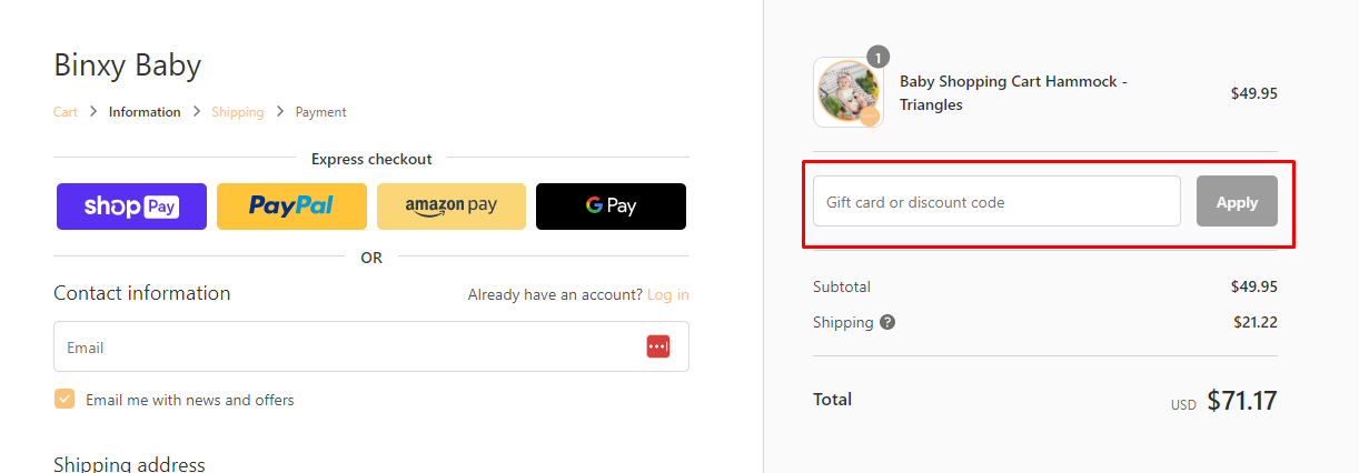 How do I use my Binxy Baby discount code?