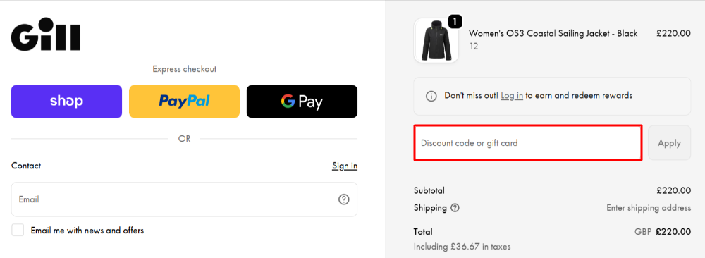 The Gill checkout page with where to paste the Gill voucher code in a red box