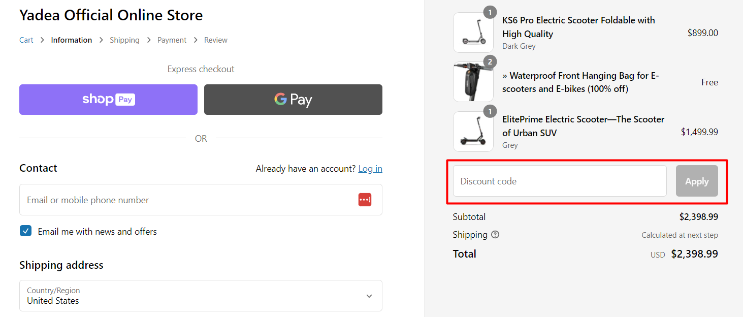 How do I use my Yadea discount code?