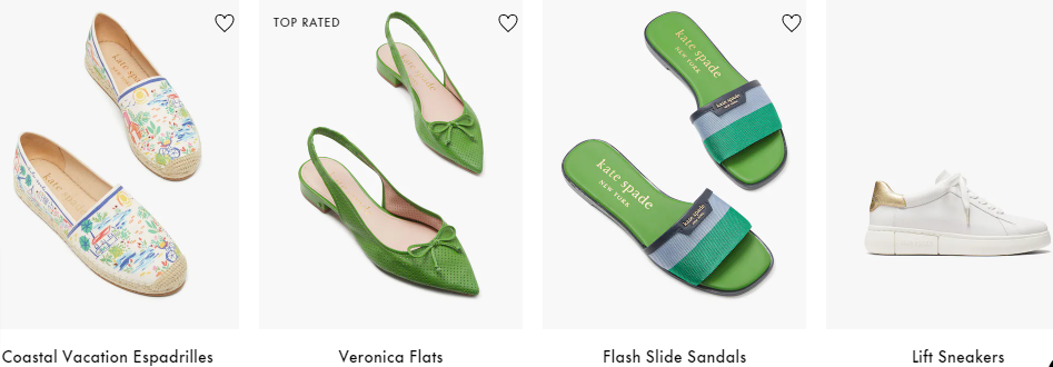 A collage of Kate Spade shoes showing floral espadrilles, green flats, green sandals and white sneakers, all on a white background