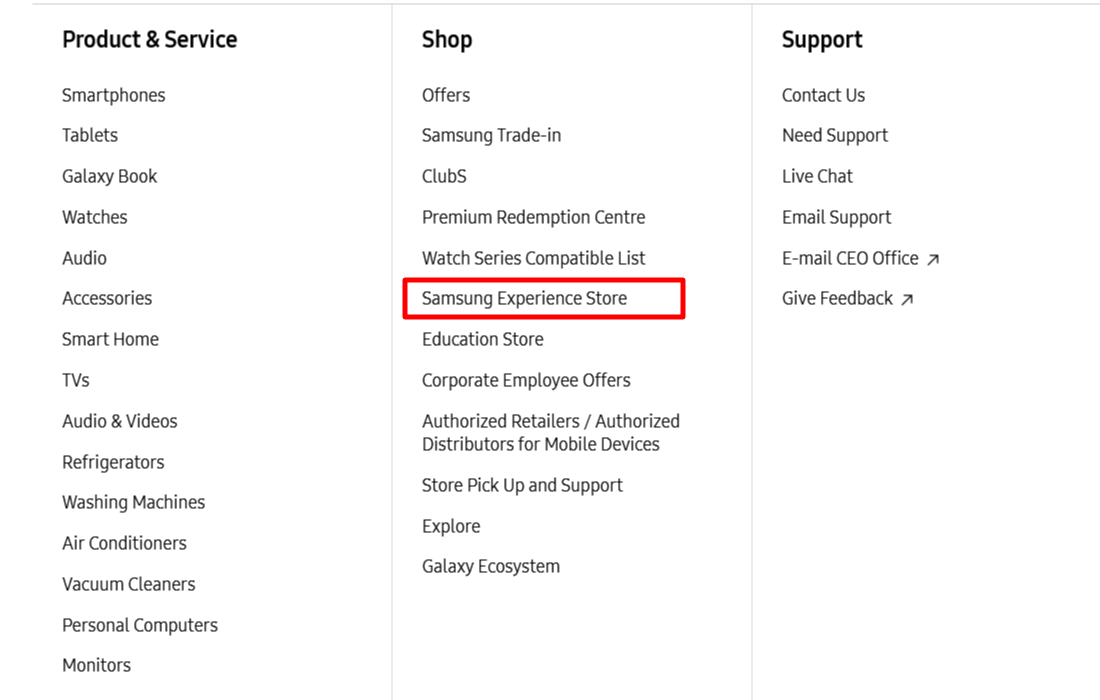 service experience store with a red border around, words are written in black all on white background