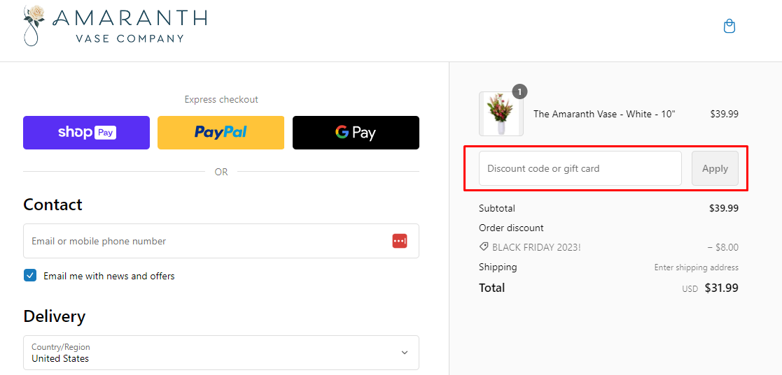 How do I use my Amaranth Vase discount code?