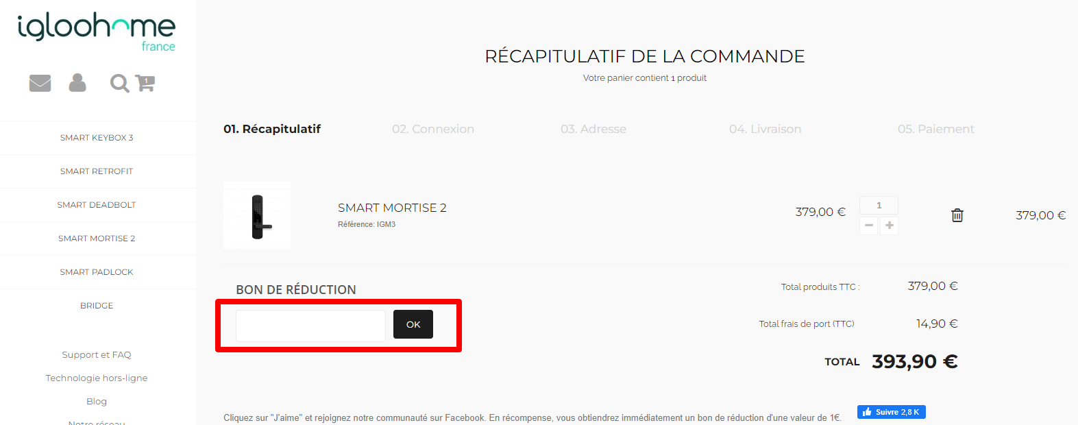 La page de paiement de la marque avec l'endroit où ajouter le bon de réduction IglooHome mis en évidence avec une boîte rouge.
