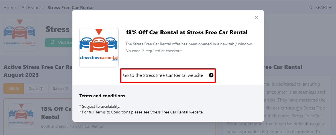 Box displayed on a darkened background of a Stress free car rental voucher code with the terms and conditions showing