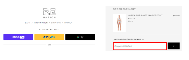 The brand checkout page with where to add the P.E Nation discount code is highlighted with a red box