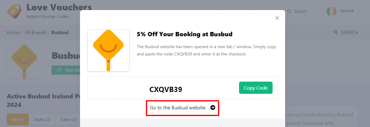 Box displayed on a darkened background of a Busbud discount code with the terms and conditions showing