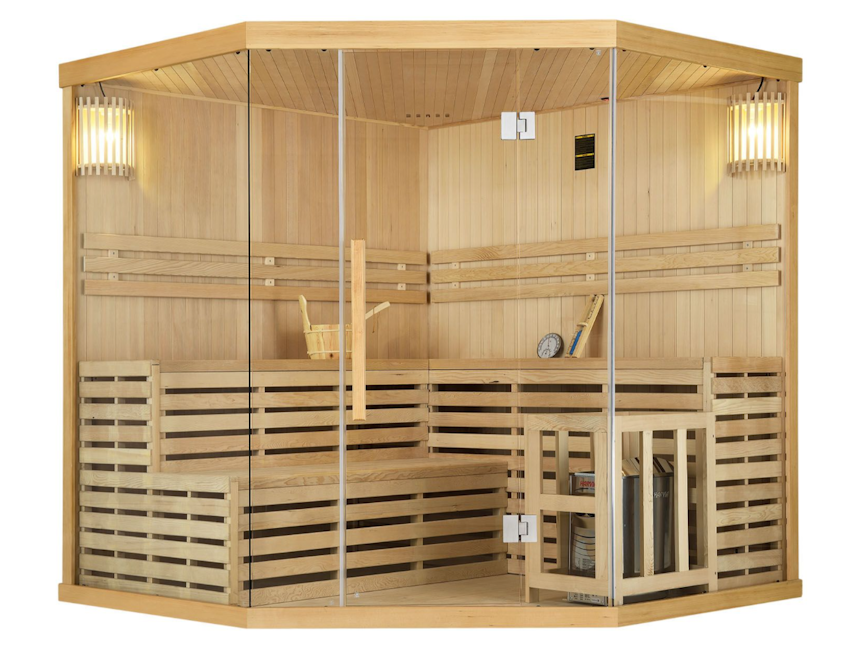 Eine unbenutzte finnische Sauna aus Holz mit einigen Sauna-Gegenständen darin durch den Saunaloft Gutschein
