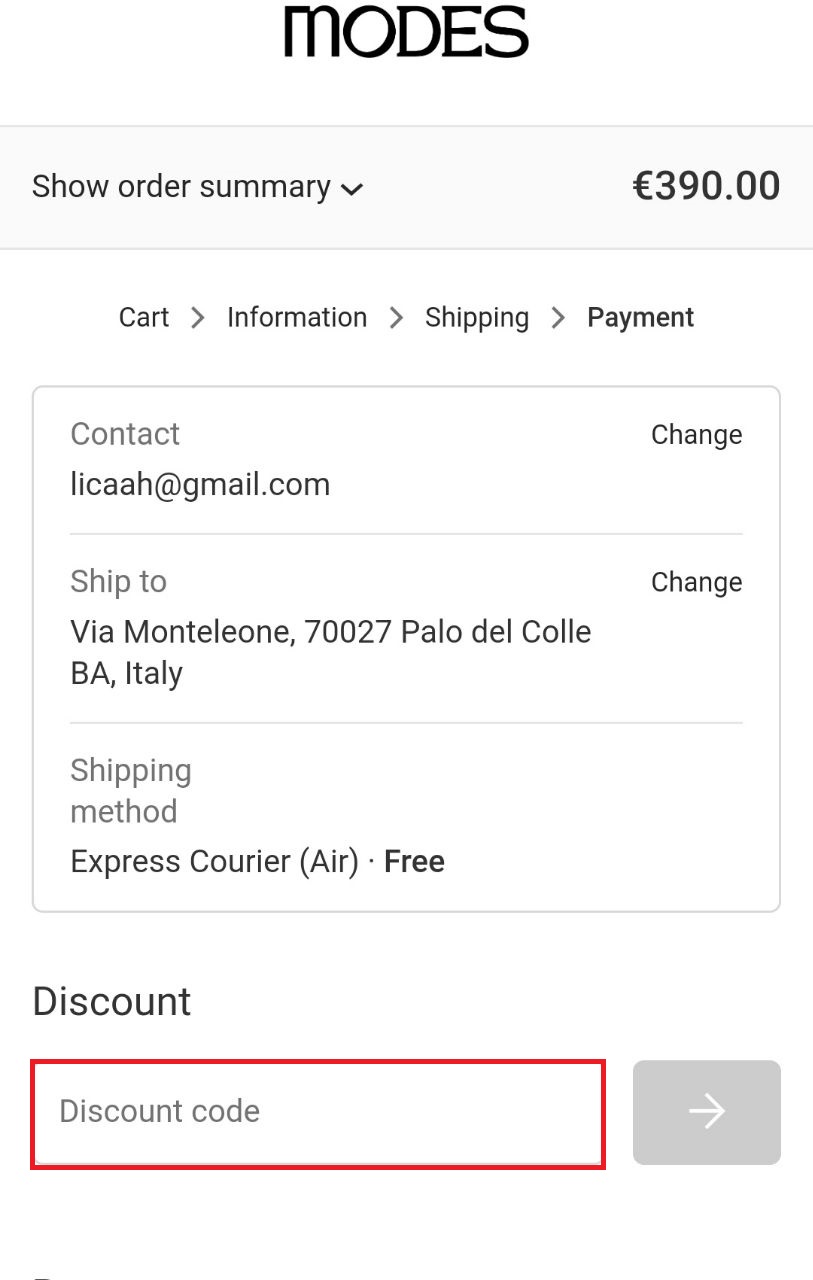 carrello della piattaforma ufficiale Modes dove poter inserire il coupon Modes per attuare lo sconto