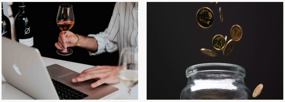 Ein Bild mit einer Person an einem Laptop mit ein Glas Wein in der Hand neben einem Glas mit Münzen