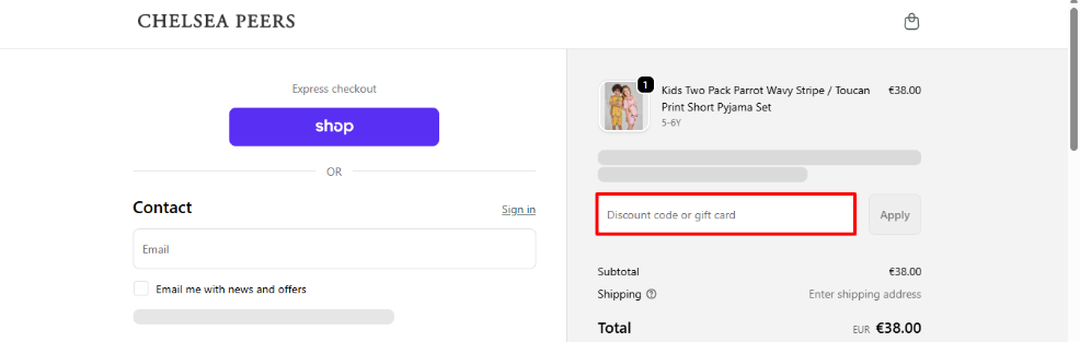 Enter your Chelsea Peers promo code in the red box and click apply