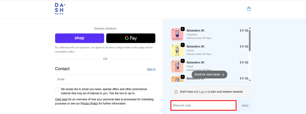 The Dash Water checkout page