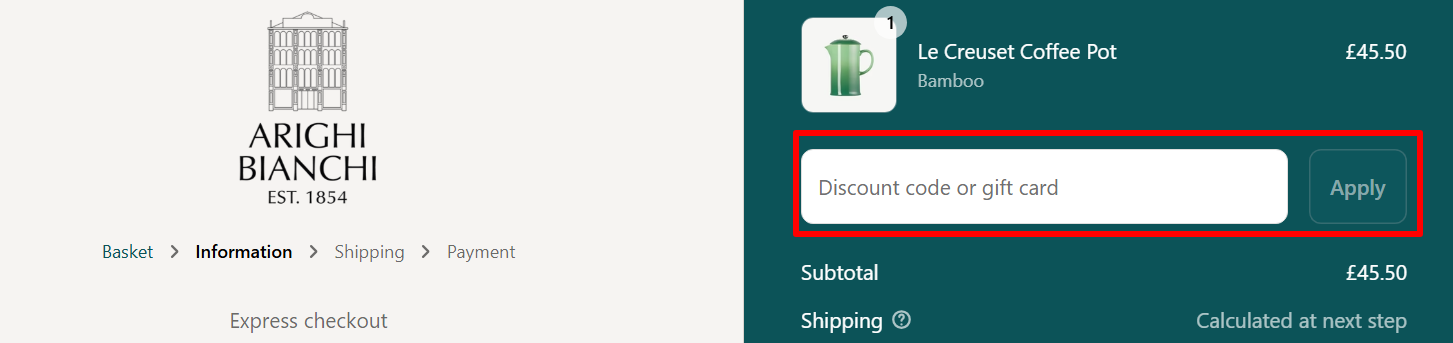 A box where you can add your Arighi Bianchi voucher code to redeem it
