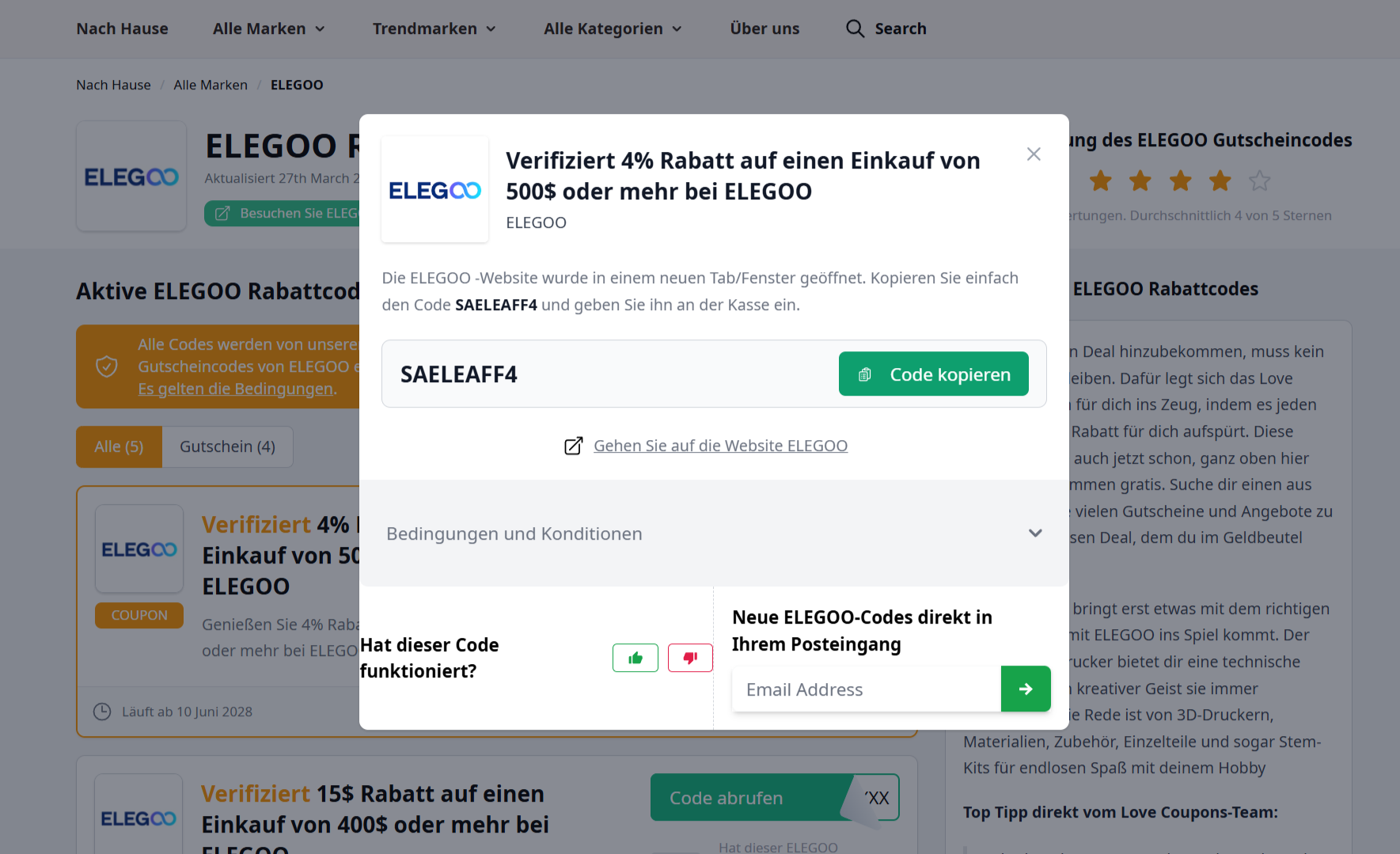 Ein angezeigter Gutschein von ELEGOO mit einem rotmarkiertem Link zur Website