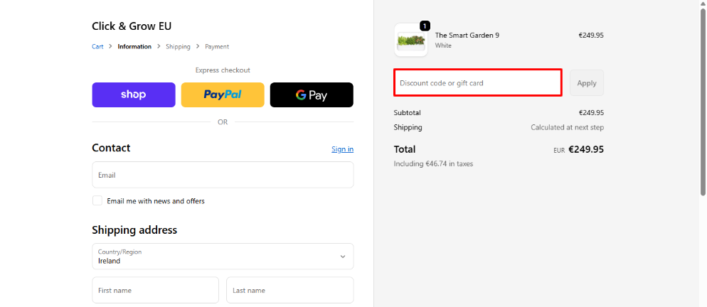 Click & Grow discount code box highlighted by a red box