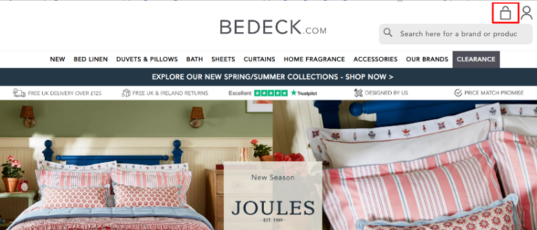 The Bedeck home page and the shopping categories and the shopping bag highlighted with a red box