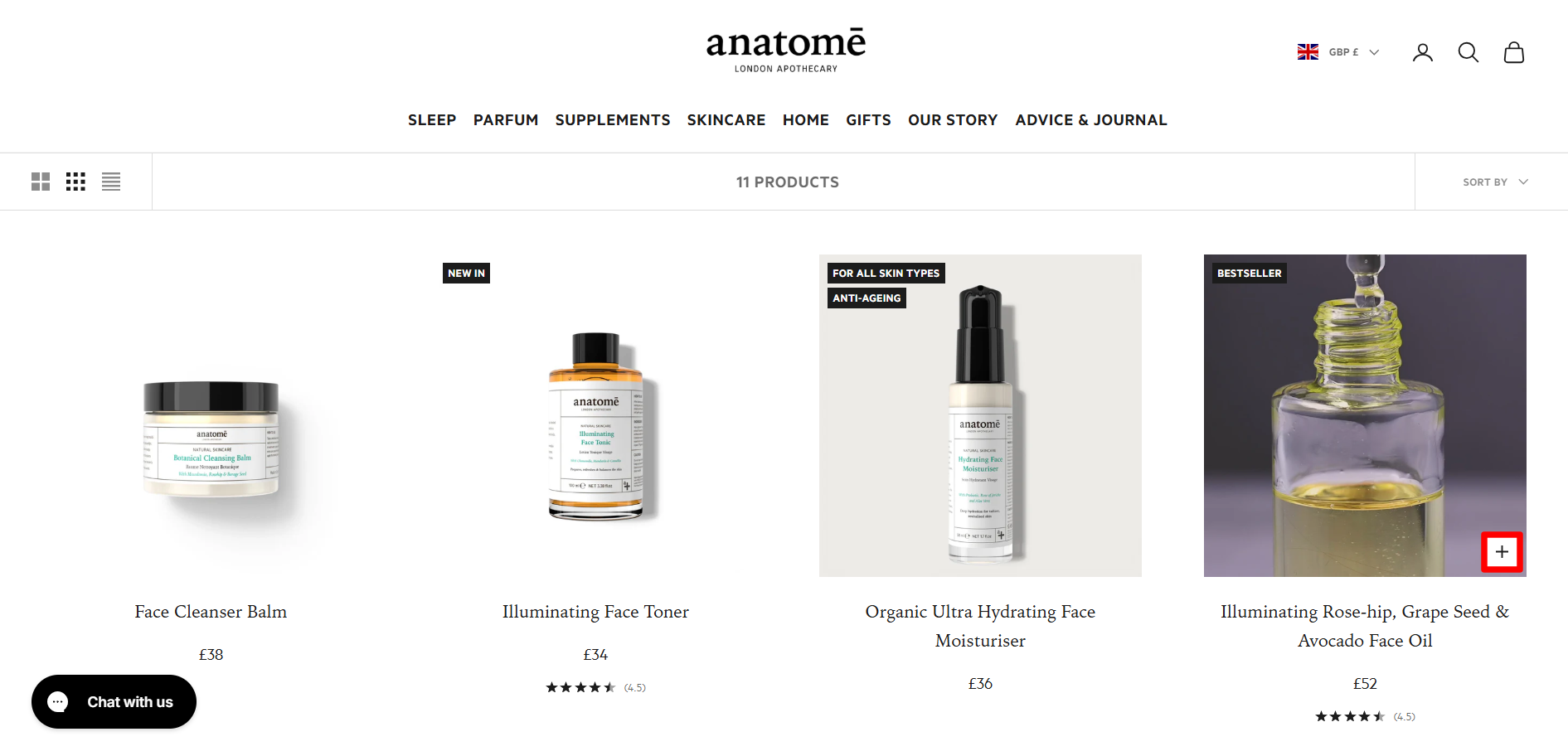 A list of anatome products with the plus button highlighted with a red box