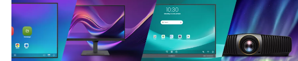 A range of different screens and a projector on the side