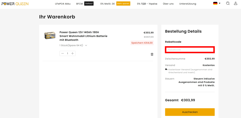 Warenkorb von Power Queen mit rotmarkiertem Eingabefeld für Gutscheine