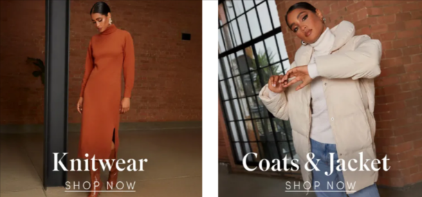two models wearing Chi Chi London knitwear, coats and jackets