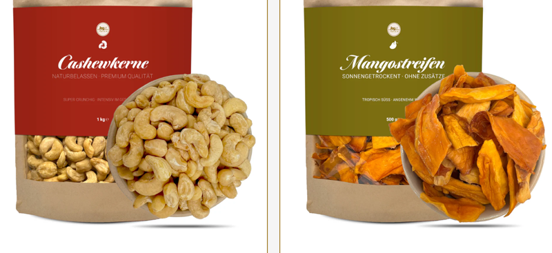 Cashewkerne und Mangostreifen mit Verpackung von Jegit - Pour La Vie