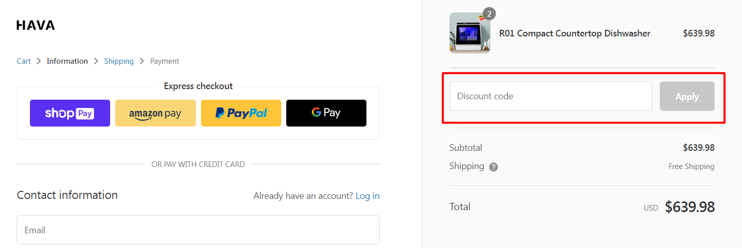 How do I use my HAVA discount code?