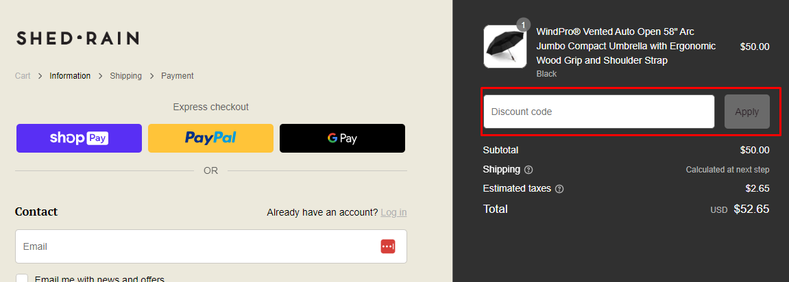 How do I use my Shed Rain discount code?